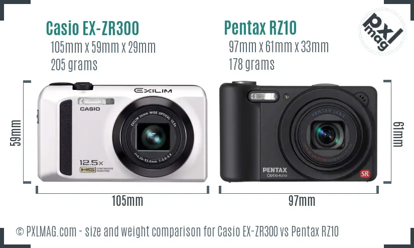 Casio EX-ZR300 vs Pentax RZ10 size comparison Casio EX-ZR300 vs Pentax RZ10 size comparison