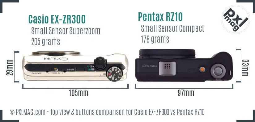Casio EX-ZR300 vs Pentax RZ10 top view buttons comparison Casio EX-ZR300 vs Pentax RZ10 top view buttons comparison
