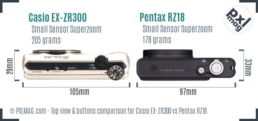 Casio EX-ZR300 vs Pentax RZ18 top view buttons comparison