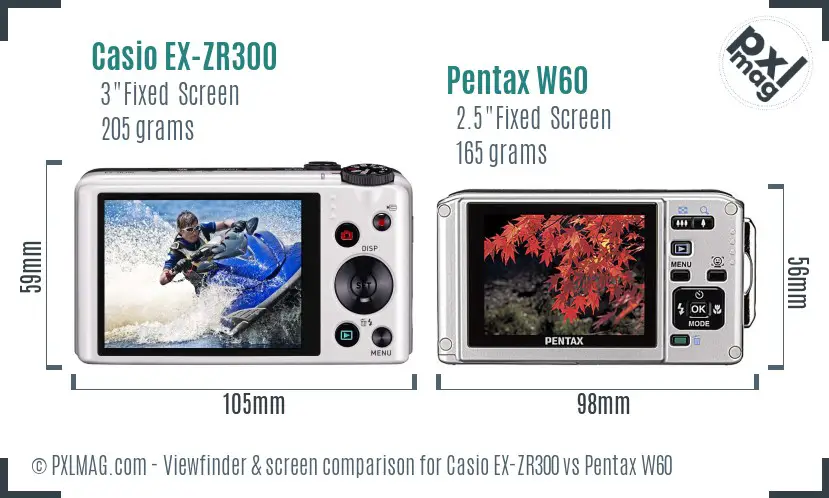 Casio EX-ZR300 vs Pentax W60 Screen and Viewfinder comparison
