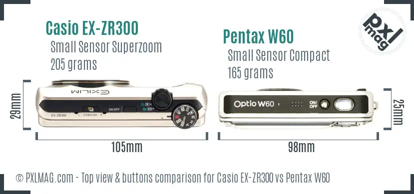 Casio EX-ZR300 vs Pentax W60 top view buttons comparison