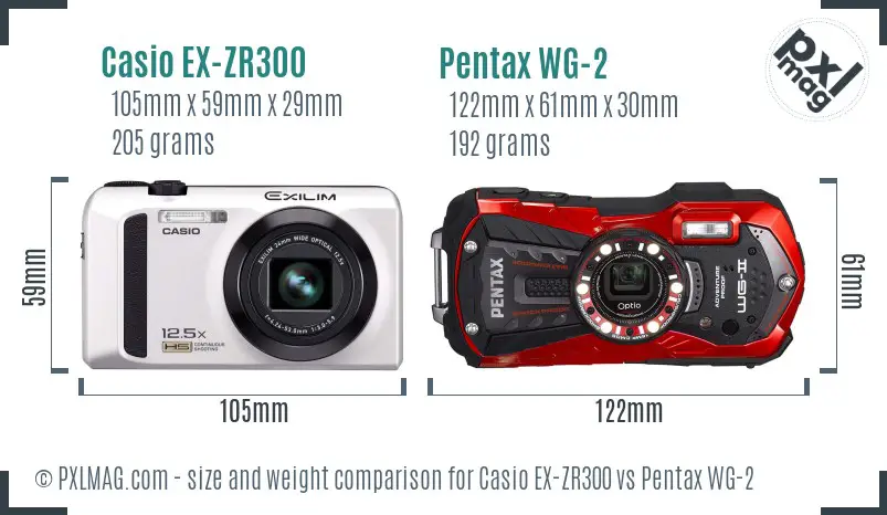 Casio EX-ZR300 vs Pentax WG-2 size comparison