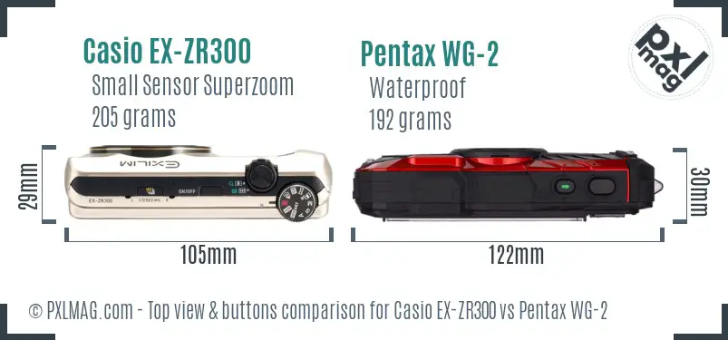 Casio EX-ZR300 vs Pentax WG-2 top view buttons comparison