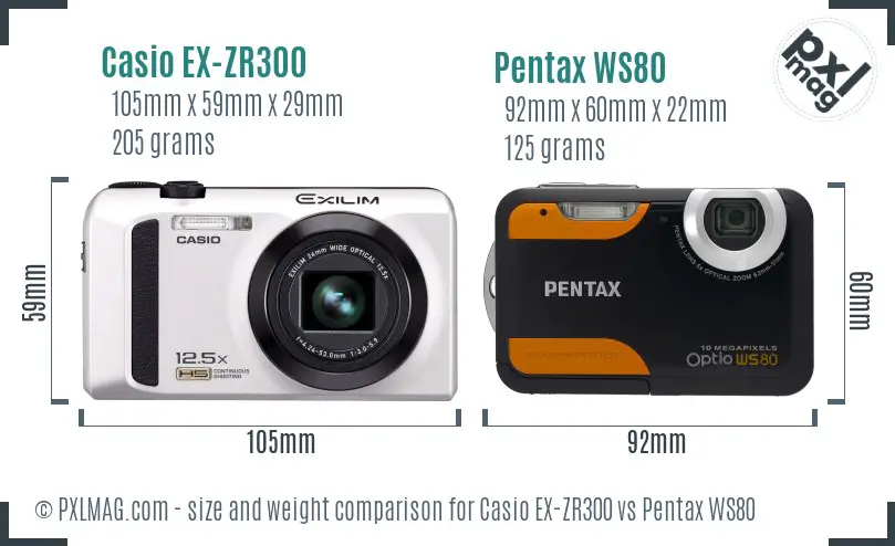 Casio EX-ZR300 vs Pentax WS80 size comparison Casio EX-ZR300 vs Pentax WS80 size comparison