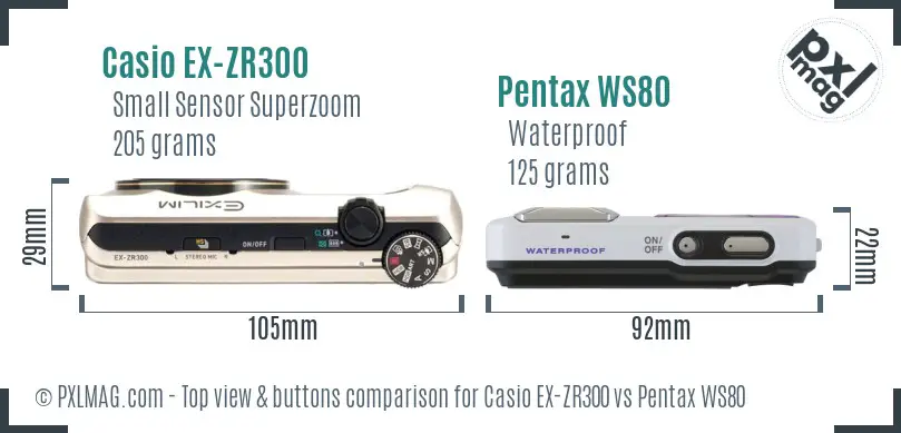 Casio EX-ZR300 vs Pentax WS80 top view buttons comparison Casio EX-ZR300 vs Pentax WS80 top view buttons comparison