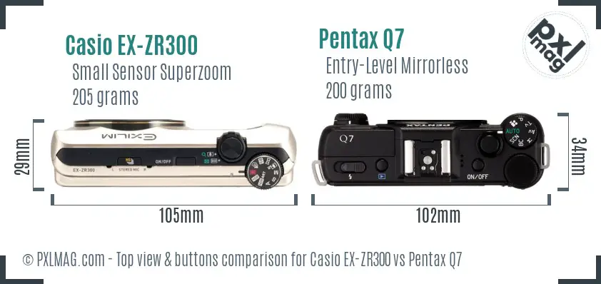 Casio EX-ZR300 vs Pentax Q7 top view buttons comparison