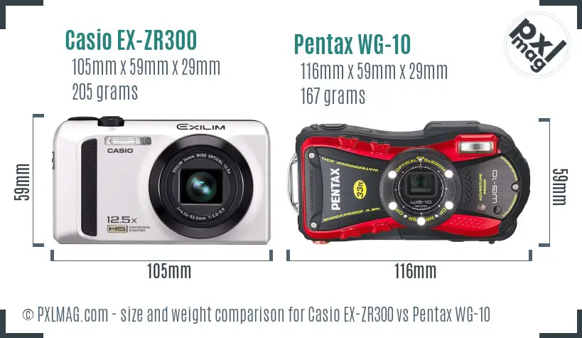 Casio EX-ZR300 vs Pentax WG-10 size comparison