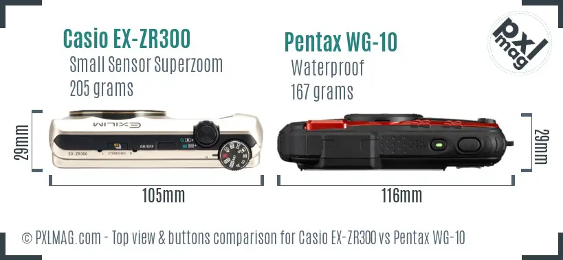 Casio EX-ZR300 vs Pentax WG-10 top view buttons comparison