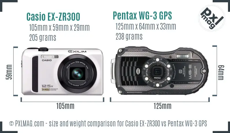 Casio EX-ZR300 vs Pentax WG-3 GPS size comparison