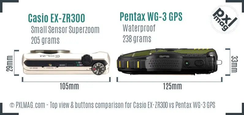 Casio EX-ZR300 vs Pentax WG-3 GPS top view buttons comparison