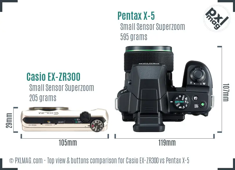 Casio EX-ZR300 vs Pentax X-5 top view buttons comparison