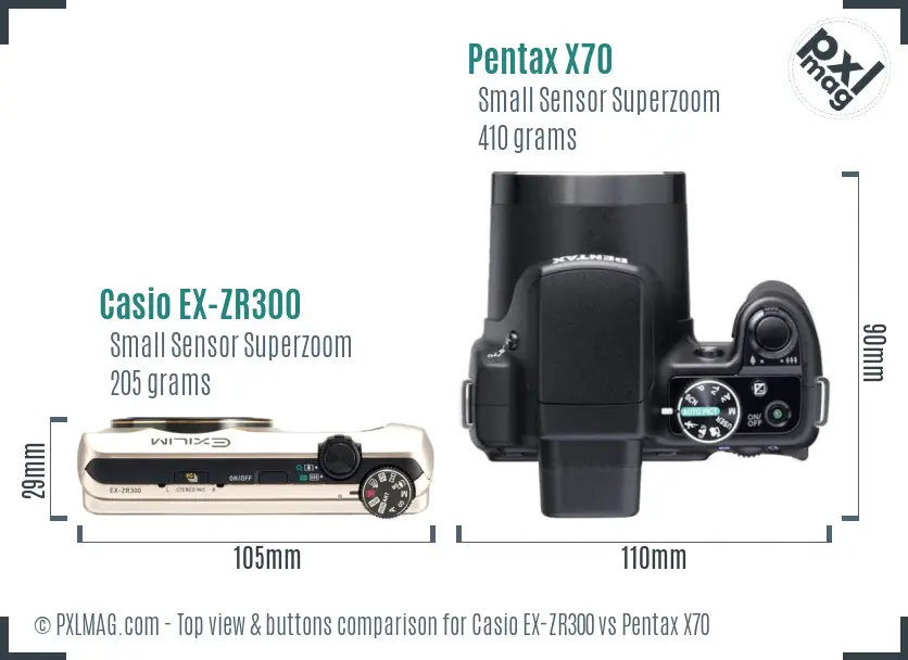 Casio EX-ZR300 vs Pentax X70 top view buttons comparison