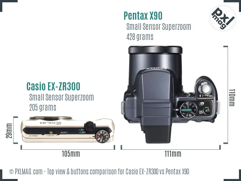Casio EX-ZR300 vs Pentax X90 top view buttons comparison Casio EX-ZR300 vs Pentax X90 top view buttons comparison