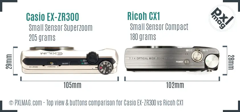 Casio EX-ZR300 vs Ricoh CX1 top view buttons comparison Casio EX-ZR300 vs Ricoh CX1 top view buttons comparison