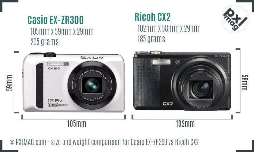 Casio EX-ZR300 vs Ricoh CX2 size comparison Casio EX-ZR300 vs Ricoh CX2 size comparison