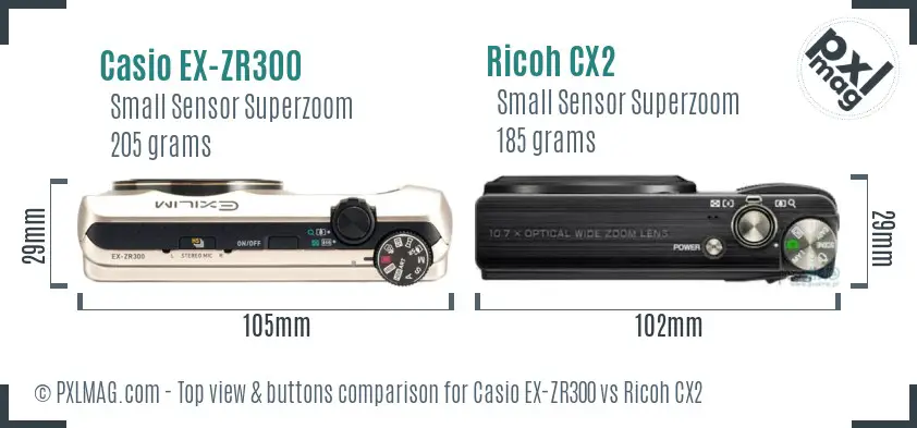 Casio EX-ZR300 vs Ricoh CX2 top view buttons comparison Casio EX-ZR300 vs Ricoh CX2 top view buttons comparison