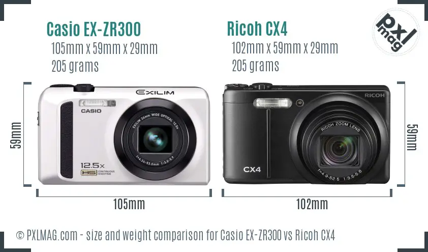 Casio EX-ZR300 vs Ricoh CX4 size comparison Casio EX-ZR300 vs Ricoh CX4 size comparison