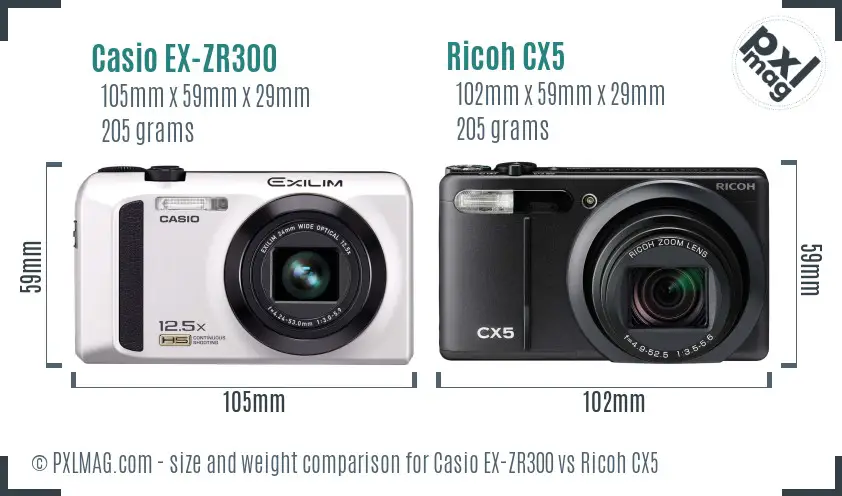 Casio EX-ZR300 vs Ricoh CX5 size comparison
