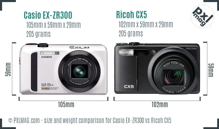 Casio EX-ZR300 vs Ricoh CX5 size comparison Casio EX-ZR300 vs Ricoh CX5 size comparison