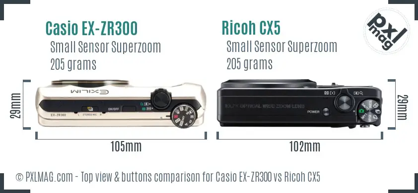 Casio EX-ZR300 vs Ricoh CX5 top view buttons comparison Casio EX-ZR300 vs Ricoh CX5 top view buttons comparison