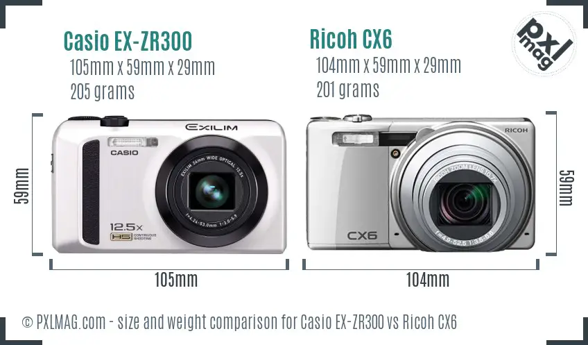 Casio EX-ZR300 vs Ricoh CX6 size comparison