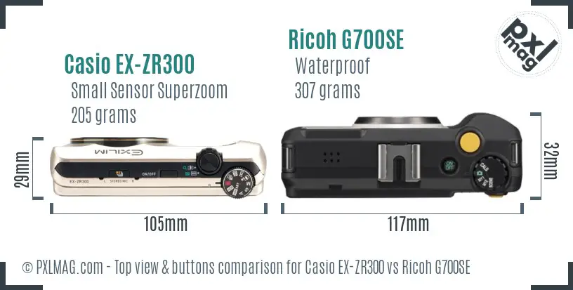 Casio EX-ZR300 vs Ricoh G700SE top view buttons comparison Casio EX-ZR300 vs Ricoh G700SE top view buttons comparison