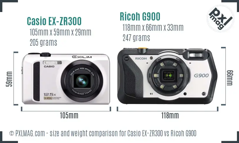 Casio EX-ZR300 vs Ricoh G900 size comparison