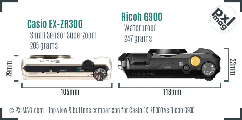 Casio EX-ZR300 vs Ricoh G900 top view buttons comparison