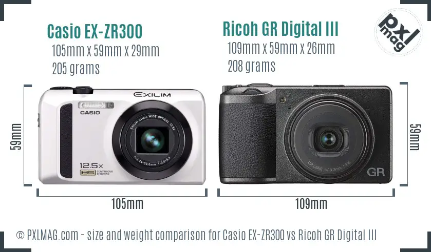 Casio EX-ZR300 vs Ricoh GR Digital III size comparison