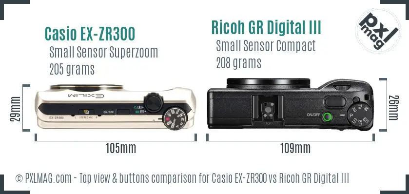 Casio EX-ZR300 vs Ricoh GR Digital III top view buttons comparison