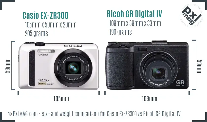 Casio EX-ZR300 vs Ricoh GR Digital IV size comparison