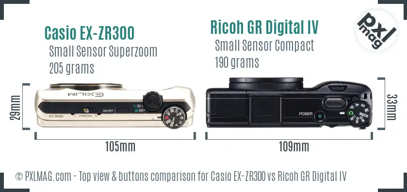 Casio EX-ZR300 vs Ricoh GR Digital IV top view buttons comparison