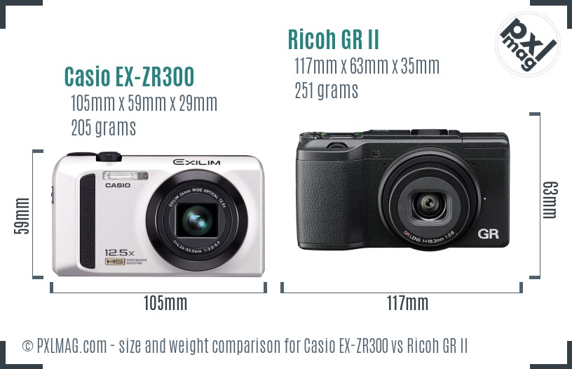 Casio EX-ZR300 vs Ricoh GR II size comparison