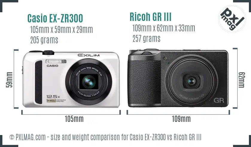 Casio EX-ZR300 vs Ricoh GR III size comparison