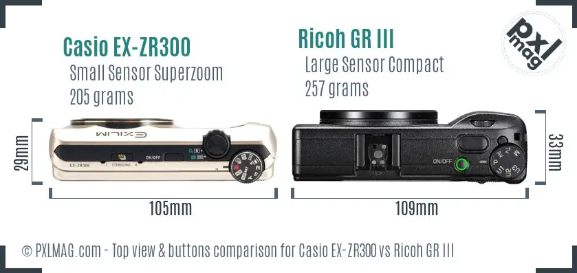 Casio EX-ZR300 vs Ricoh GR III top view buttons comparison