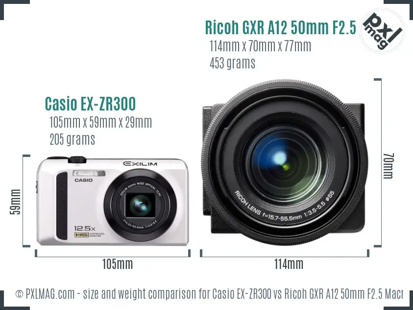 Casio EX-ZR300 vs Ricoh GXR A12 50mm F2.5 Macro size comparison