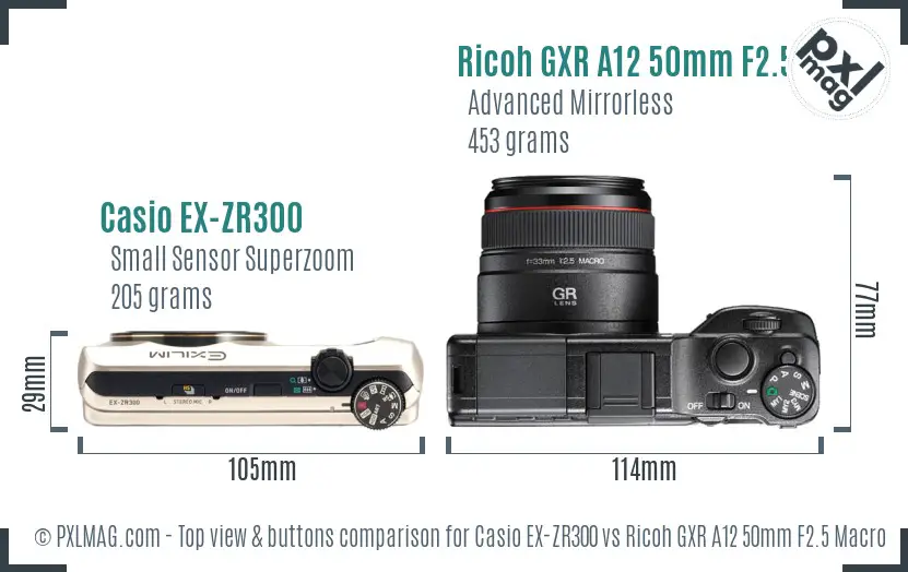 Casio EX-ZR300 vs Ricoh GXR A12 50mm F2.5 Macro top view buttons comparison