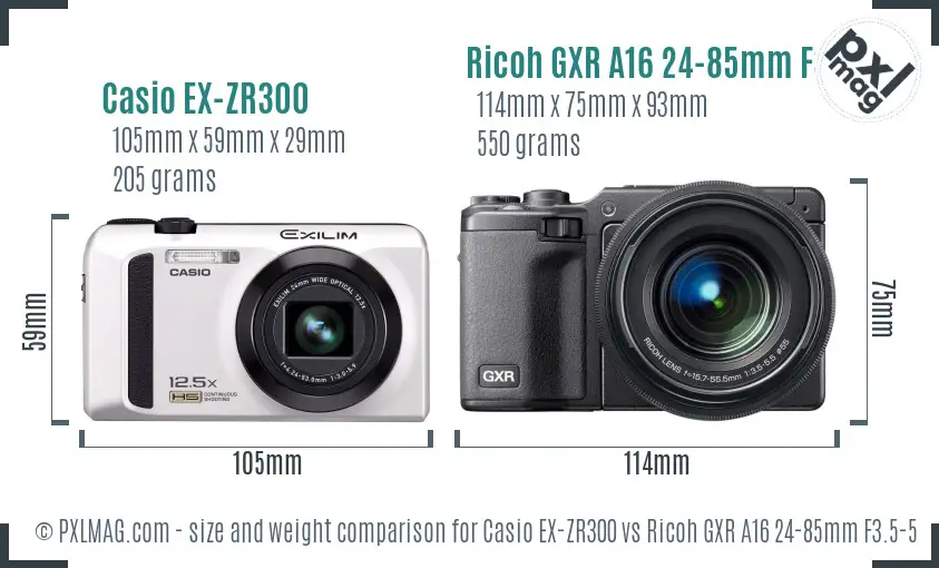 Casio EX-ZR300 vs Ricoh GXR A16 24-85mm F3.5-5.5 size comparison