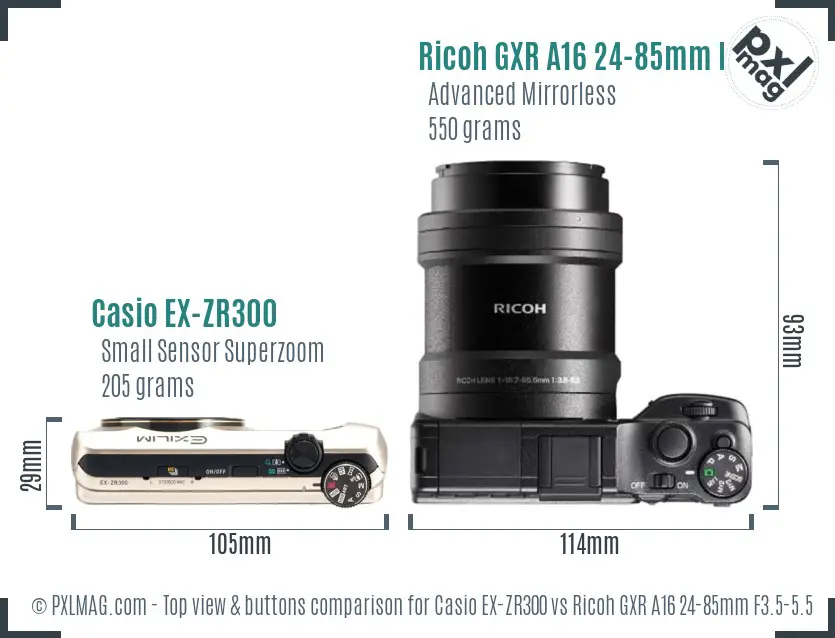 Casio EX-ZR300 vs Ricoh GXR A16 24-85mm F3.5-5.5 top view buttons comparison