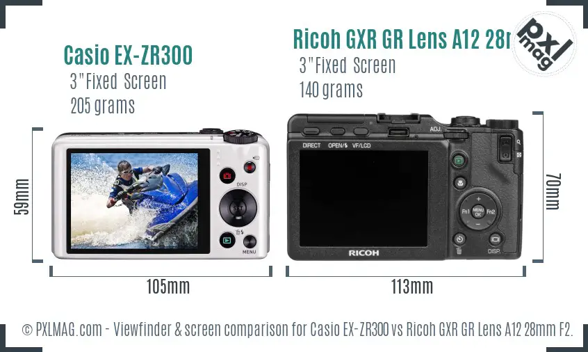 Casio EX-ZR300 vs Ricoh GXR GR Lens A12 28mm F2.5 Screen and Viewfinder comparison