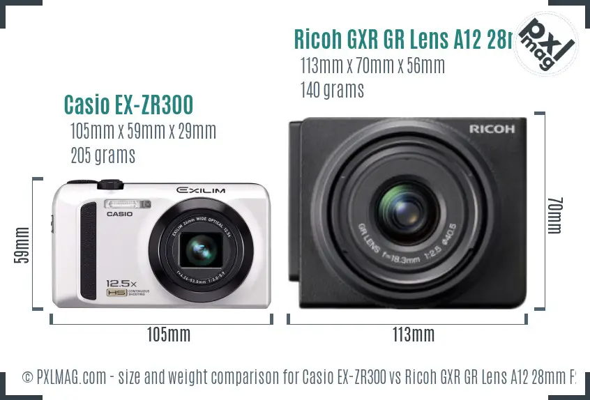 Casio EX-ZR300 vs Ricoh GXR GR Lens A12 28mm F2.5 size comparison