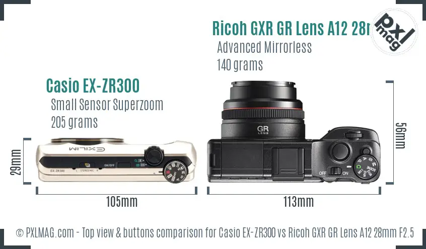 Casio EX-ZR300 vs Ricoh GXR GR Lens A12 28mm F2.5 top view buttons comparison