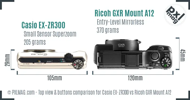 Casio EX-ZR300 vs Ricoh GXR Mount A12 top view buttons comparison