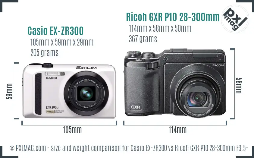 Casio EX-ZR300 vs Ricoh GXR P10 28-300mm F3.5-5.6 VC size comparison