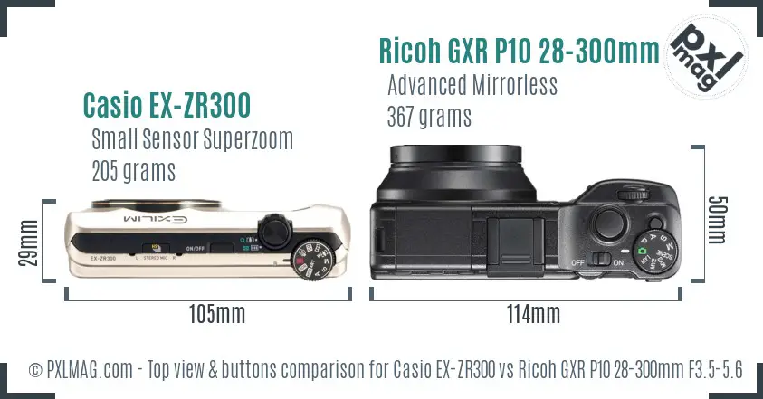 Casio EX-ZR300 vs Ricoh GXR P10 28-300mm F3.5-5.6 VC top view buttons comparison