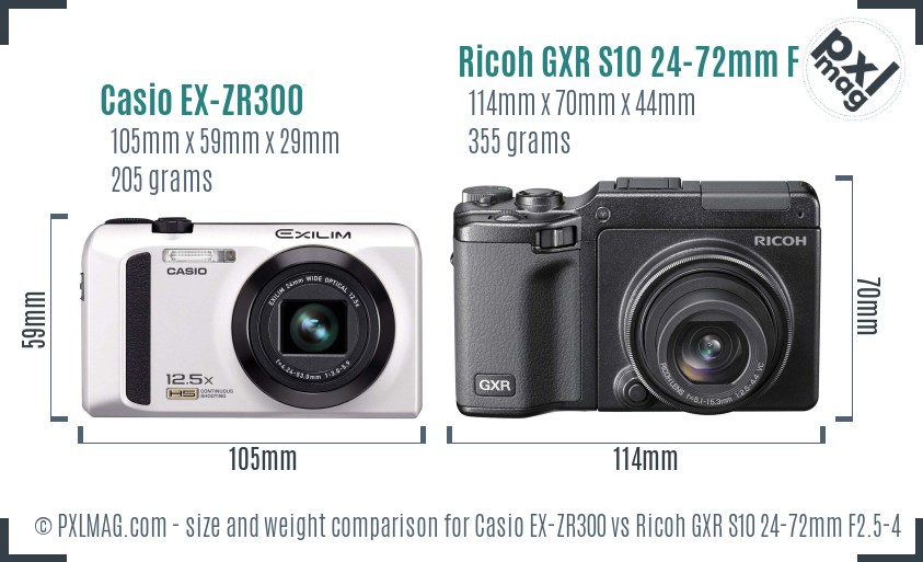 Casio EX-ZR300 vs Ricoh GXR S10 24-72mm F2.5-4.4 VC size comparison