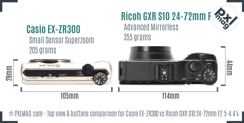 Casio EX-ZR300 vs Ricoh GXR S10 24-72mm F2.5-4.4 VC top view buttons comparison