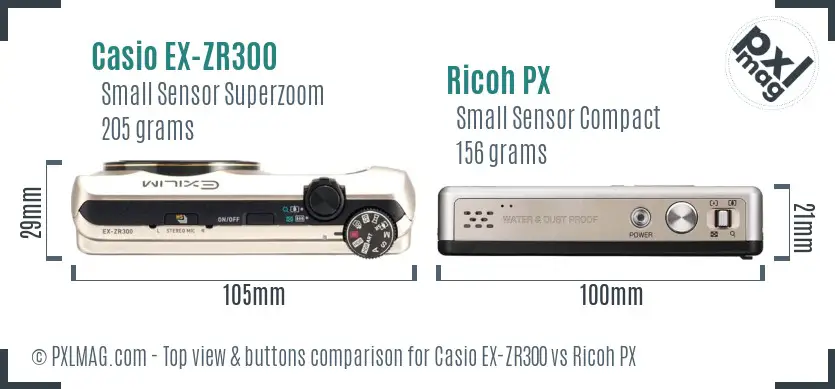 Casio EX-ZR300 vs Ricoh PX top view buttons comparison