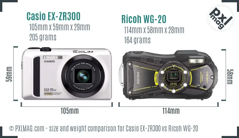 Casio EX-ZR300 vs Ricoh WG-20 size comparison Casio EX-ZR300 vs Ricoh WG-20 size comparison