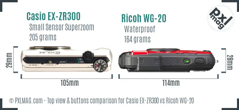Casio EX-ZR300 vs Ricoh WG-20 top view buttons comparison Casio EX-ZR300 vs Ricoh WG-20 top view buttons comparison
